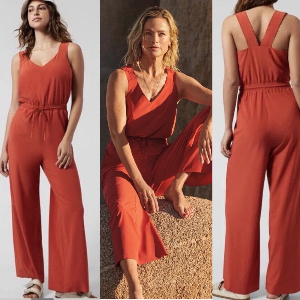 Athleta Savannah Jumpsuit Current Red Ruffle Thick Straps Size 12